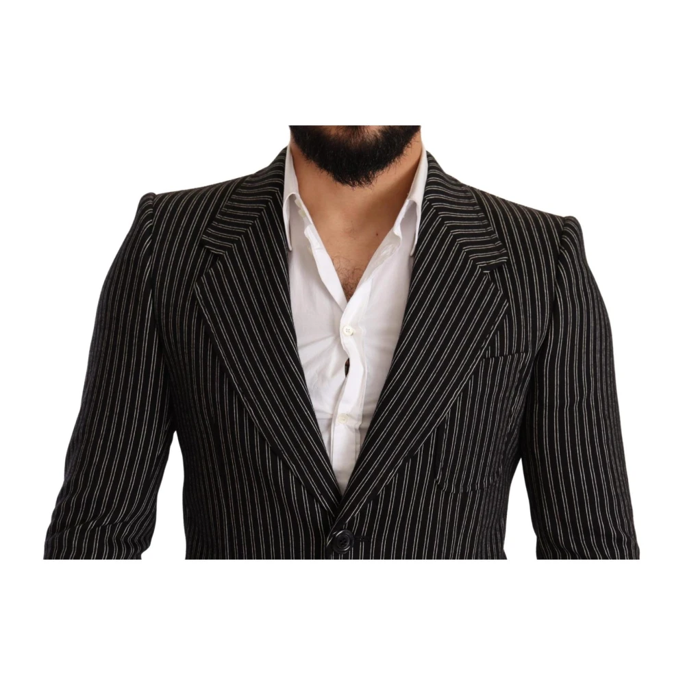 Dolce & Gabbana Gestreepte Linnen Blazer Slim Fit Zwart Black Heren