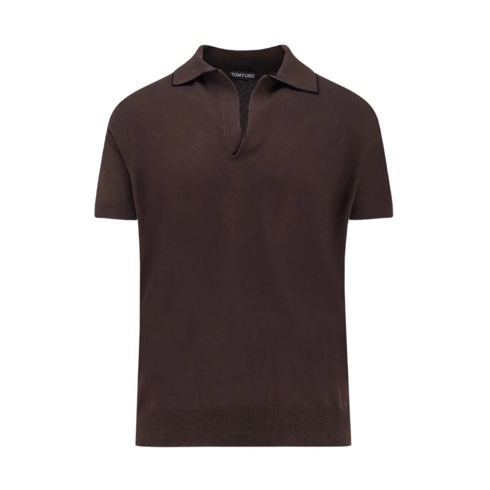Tom Ford Men's Brown V-Neck Knitwear, Xl, Cotton Silk Tipping Polo