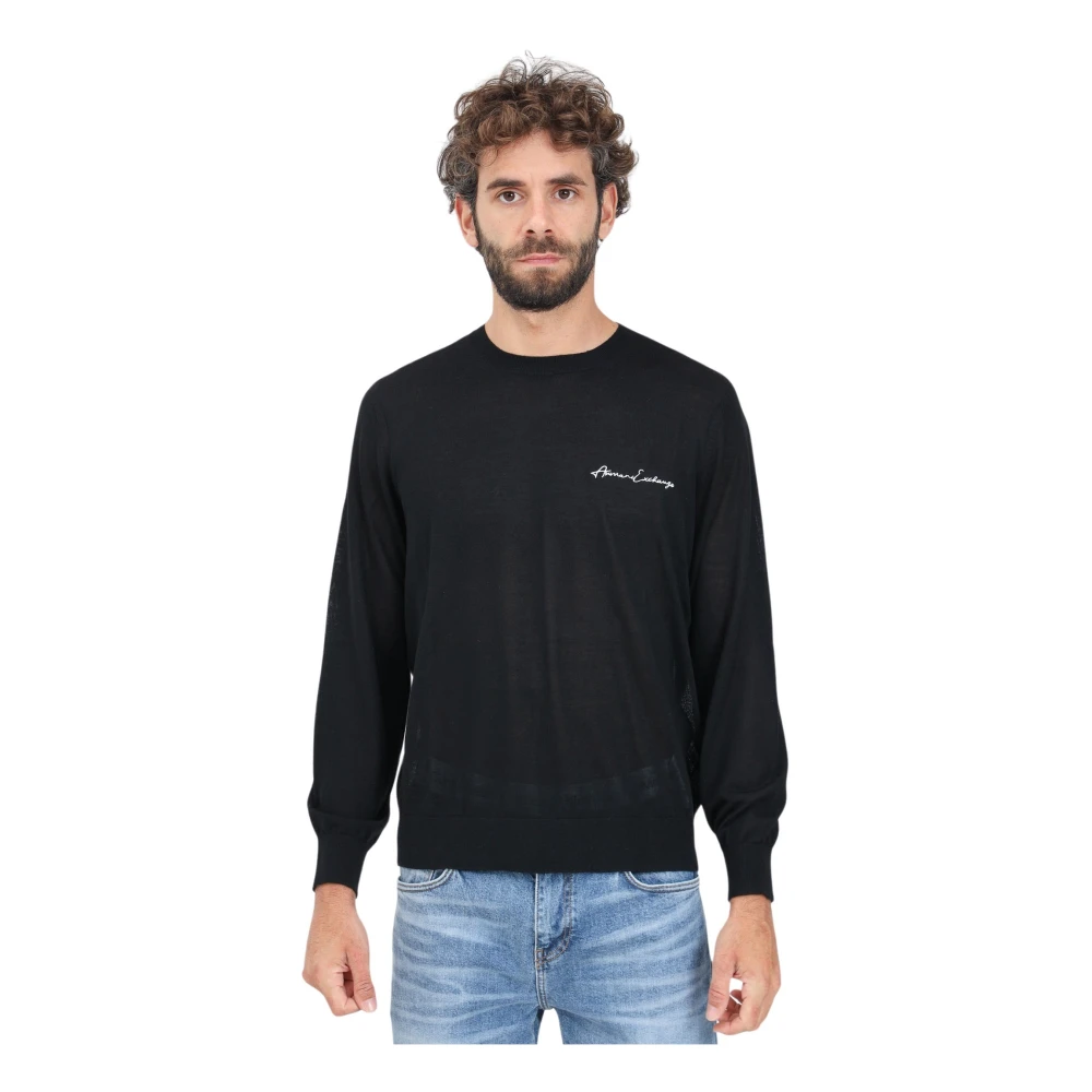 Armani Exchange Zwarte Crewneck Trui met Logo Borduursel Black Heren