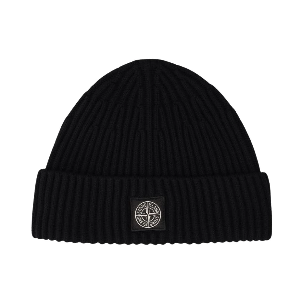 Stone Island Men's Black Ribbed Knit Beanie