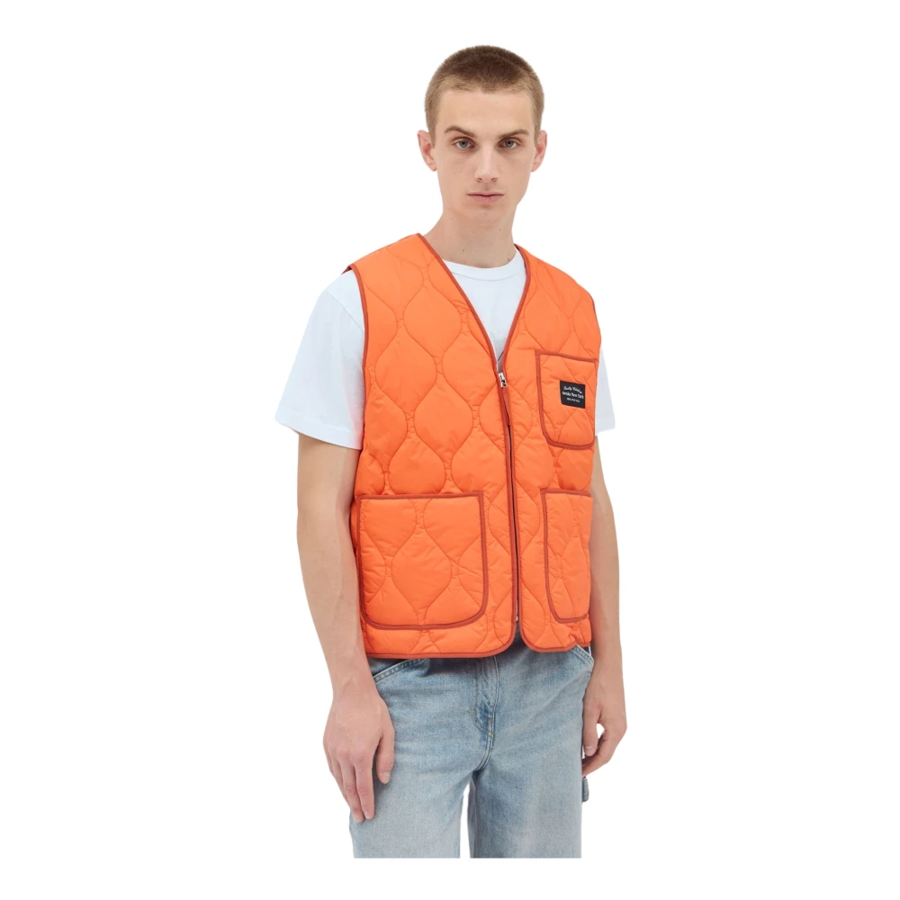 Awake Ny Men's Orange Waistcoats, Xl, Quilted V-Neck Vest With Logo Patch