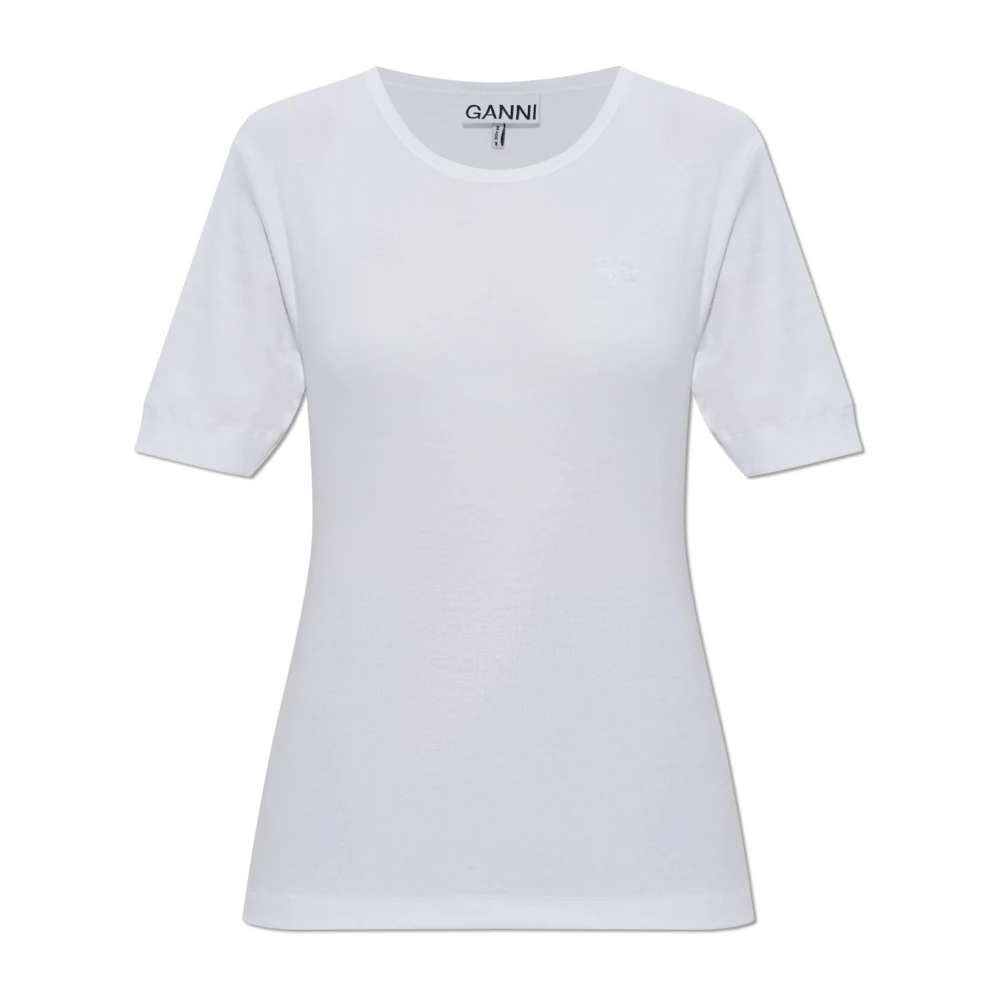 Ganni Vrouw Wit Tops Dames, Xs, Katoen, Geribbelde T-Shirt Met Logo