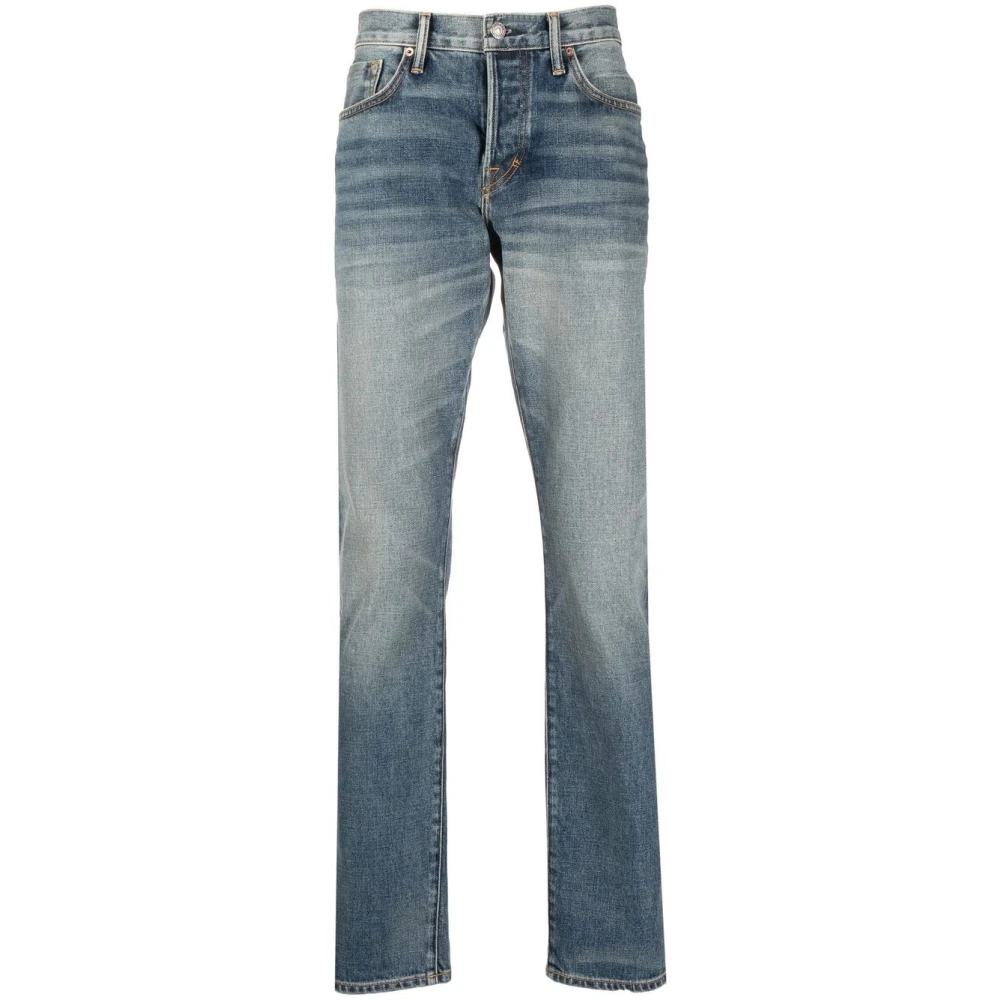 Tom Ford Slim-Fit Denim Jeans met Suede Logo Blue Heren