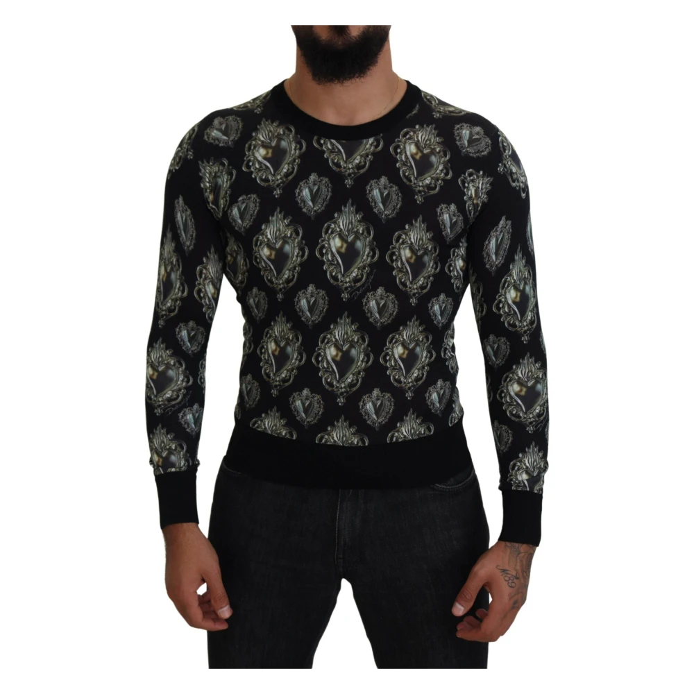 Dolce & Gabbana Zwarte Crewneck Sweater met Sacred Heart Black Heren