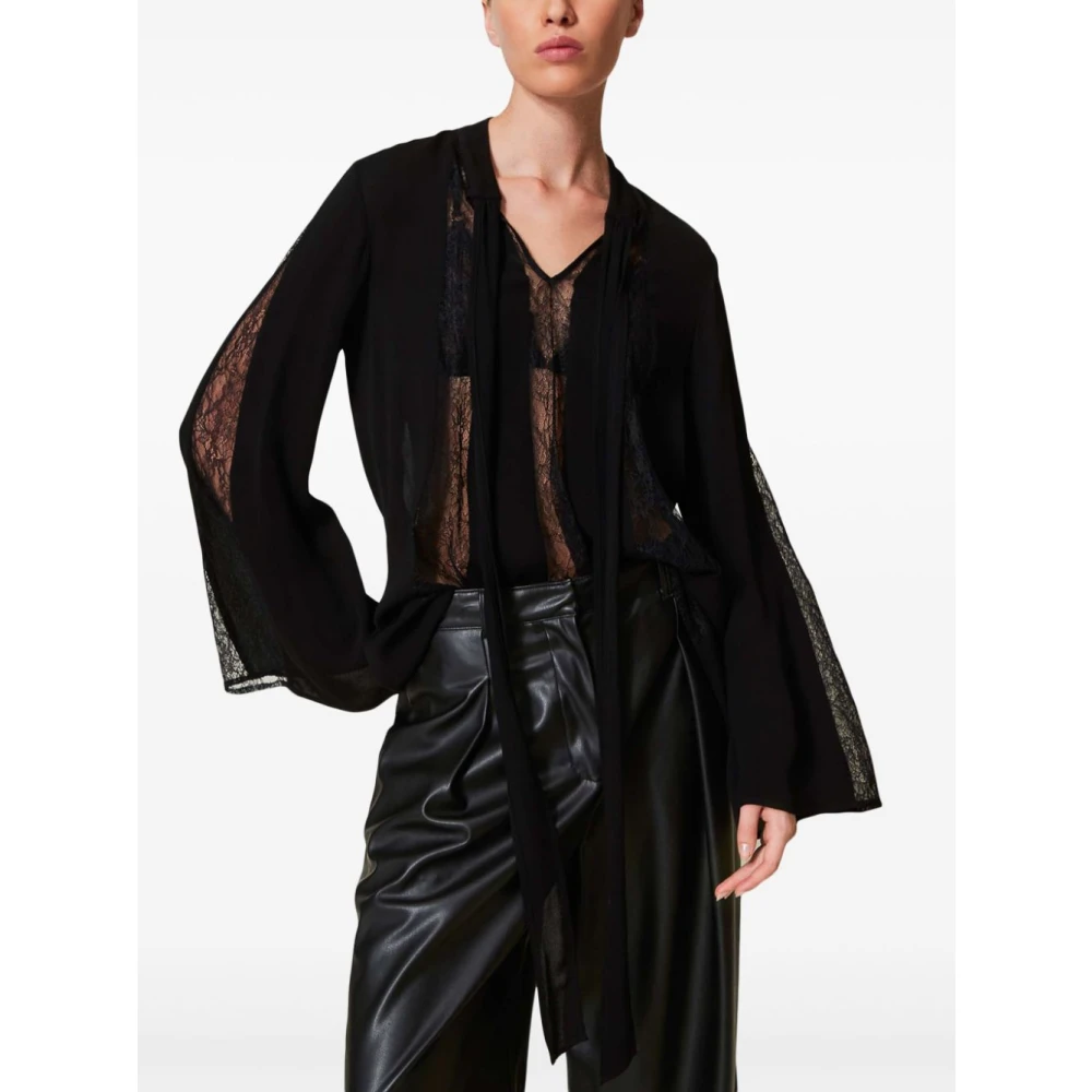 Twinset Zwarte Strik Kraag Jurk Wijd Uitlopende Manchetten Black Dames