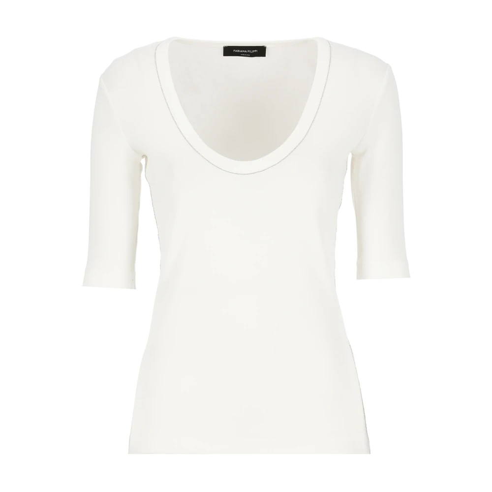 Hvit Bomull U-Hals T-Skjorte med Lyspunkt Detaljer