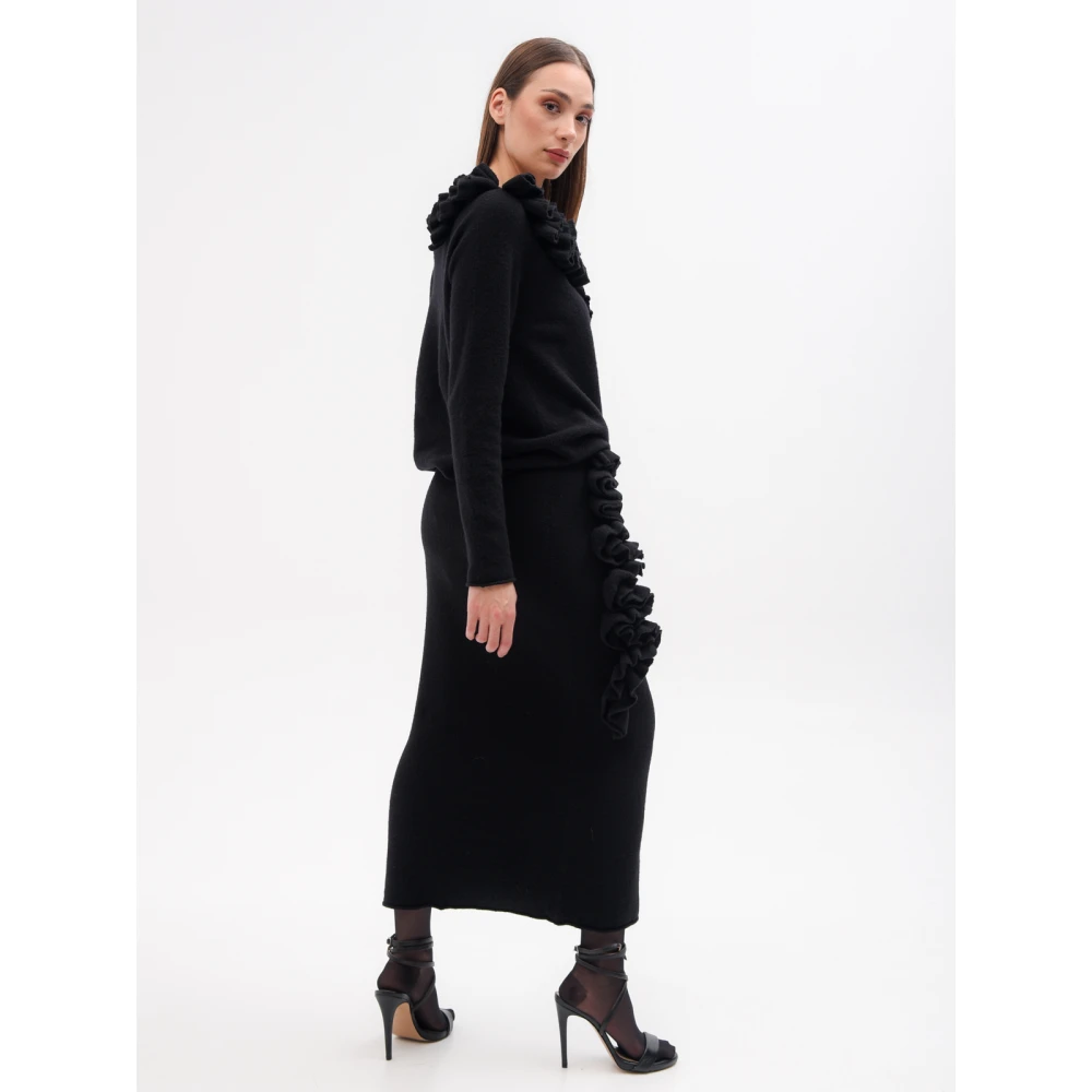Liviana Conti Zwart Gebreid Potloodrokje met Ruffle Applicatie Black Dames