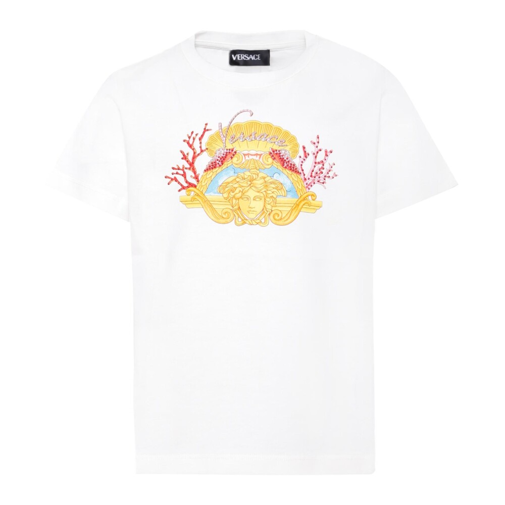 VERSACE カルトゥシュエンヘリッシュクルネックTシャツ 刺繍入り クーペ ブラゾン Tシャツ ブラック | VERSACE JP