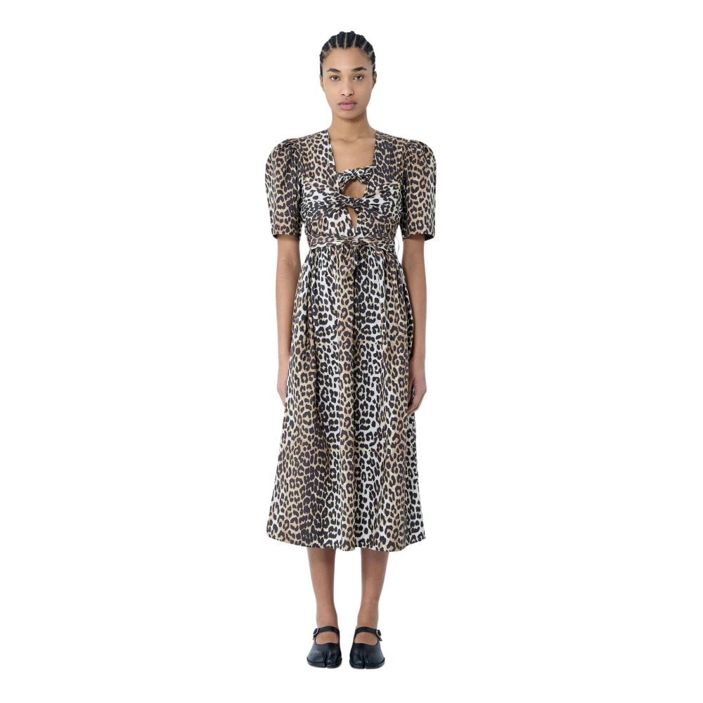 Ganni Luipaardprint Midi Jurk met Zelfstrik Brown Dames