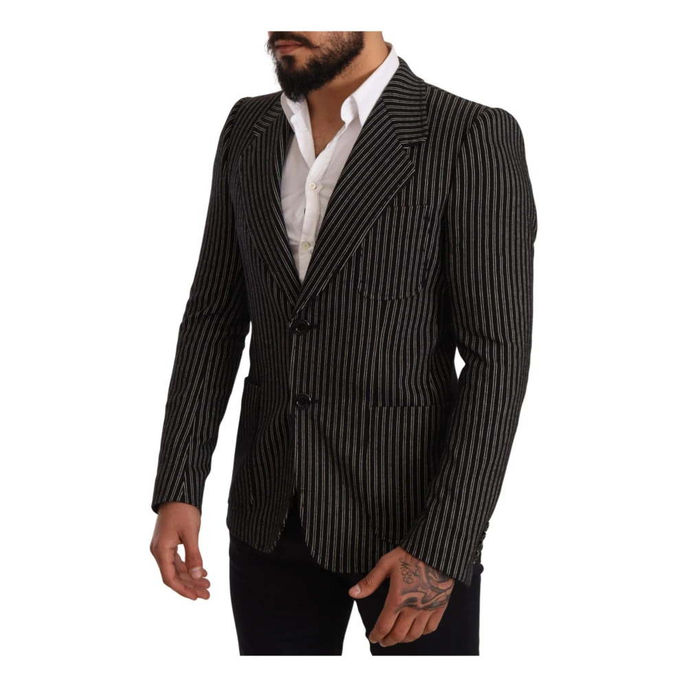 Dolce & Gabbana Gestreepte Linnen Blazer Slim Fit Zwart Black Heren