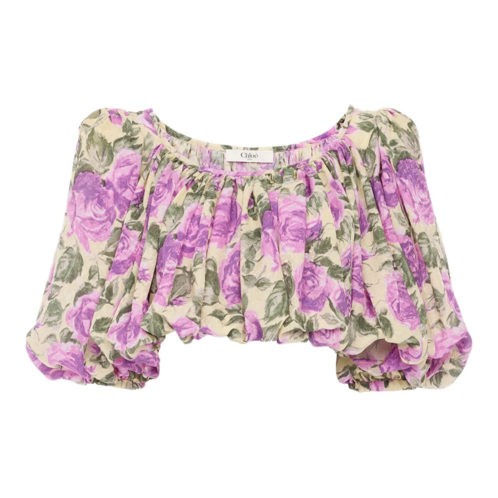 Chloé Women's Multicolor Puff-Sleeve Cropped Top In Silk Jacquard - Blouses - S - Blouses & Shirts