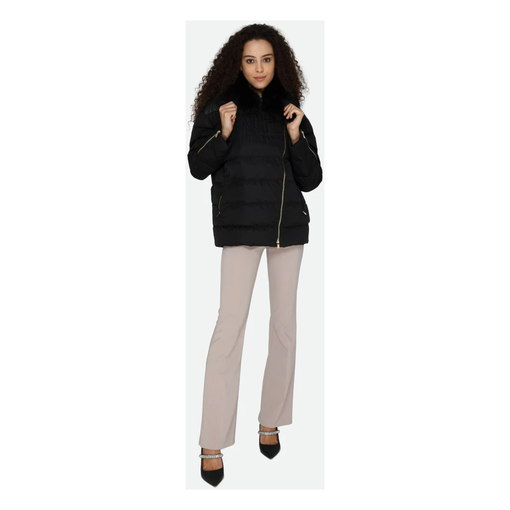 pinko Zwarte Gewatteerde Jas met Bontkraag Black Dames