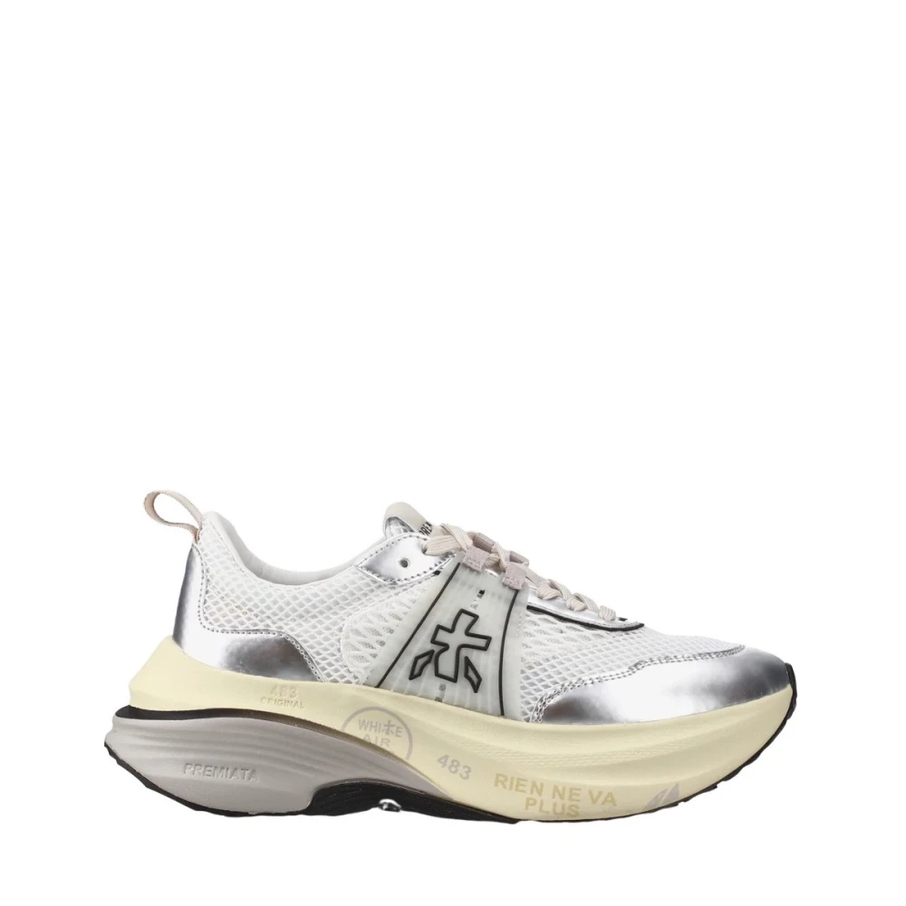 Premiata Witte Stof Hill Sneakers met Zilveren Leren Details Dames Schoenen Veelkleurig Multicolor