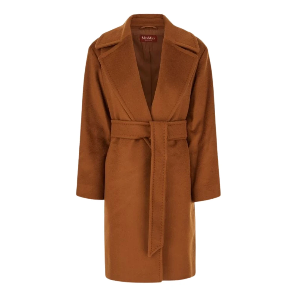 Max Mara Studio Wollen jas met riem en sjaalkraag Brown Dames