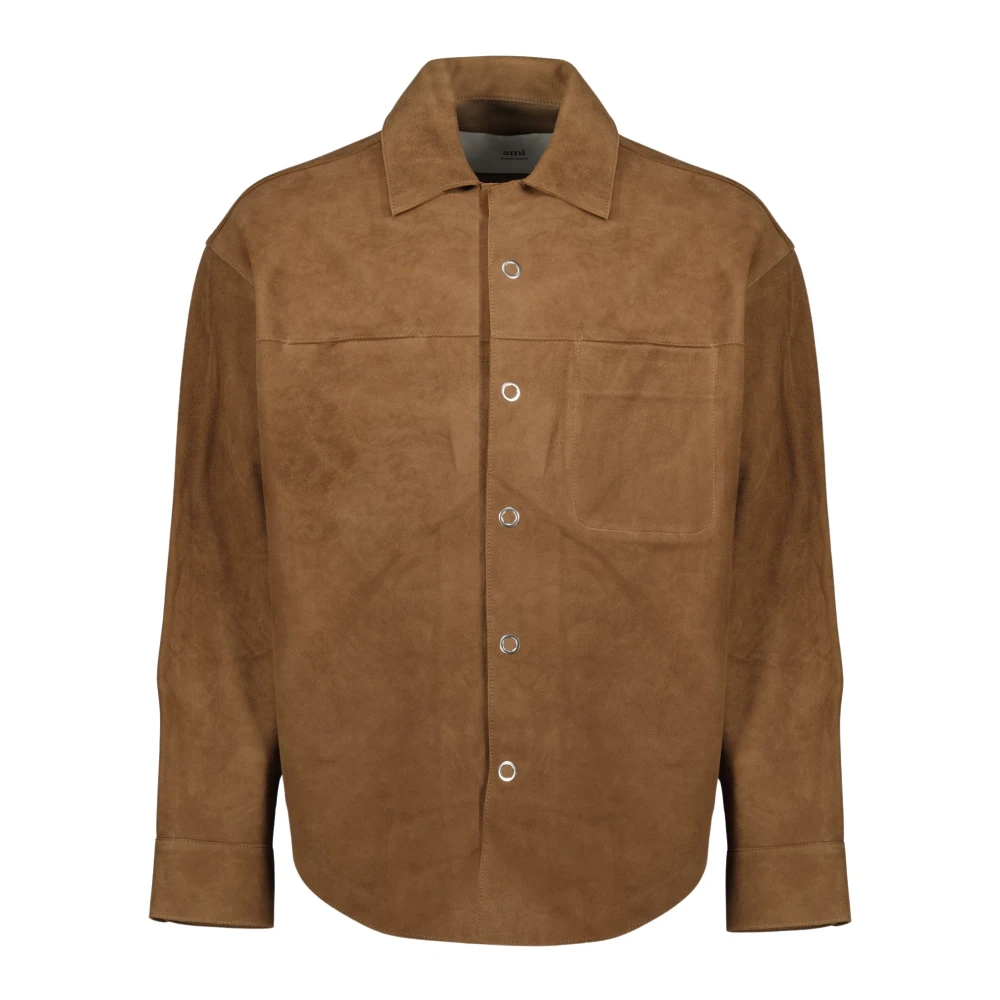 Ami Paris Men's Brown Casual Shirts, Xs, Leather Overshirt