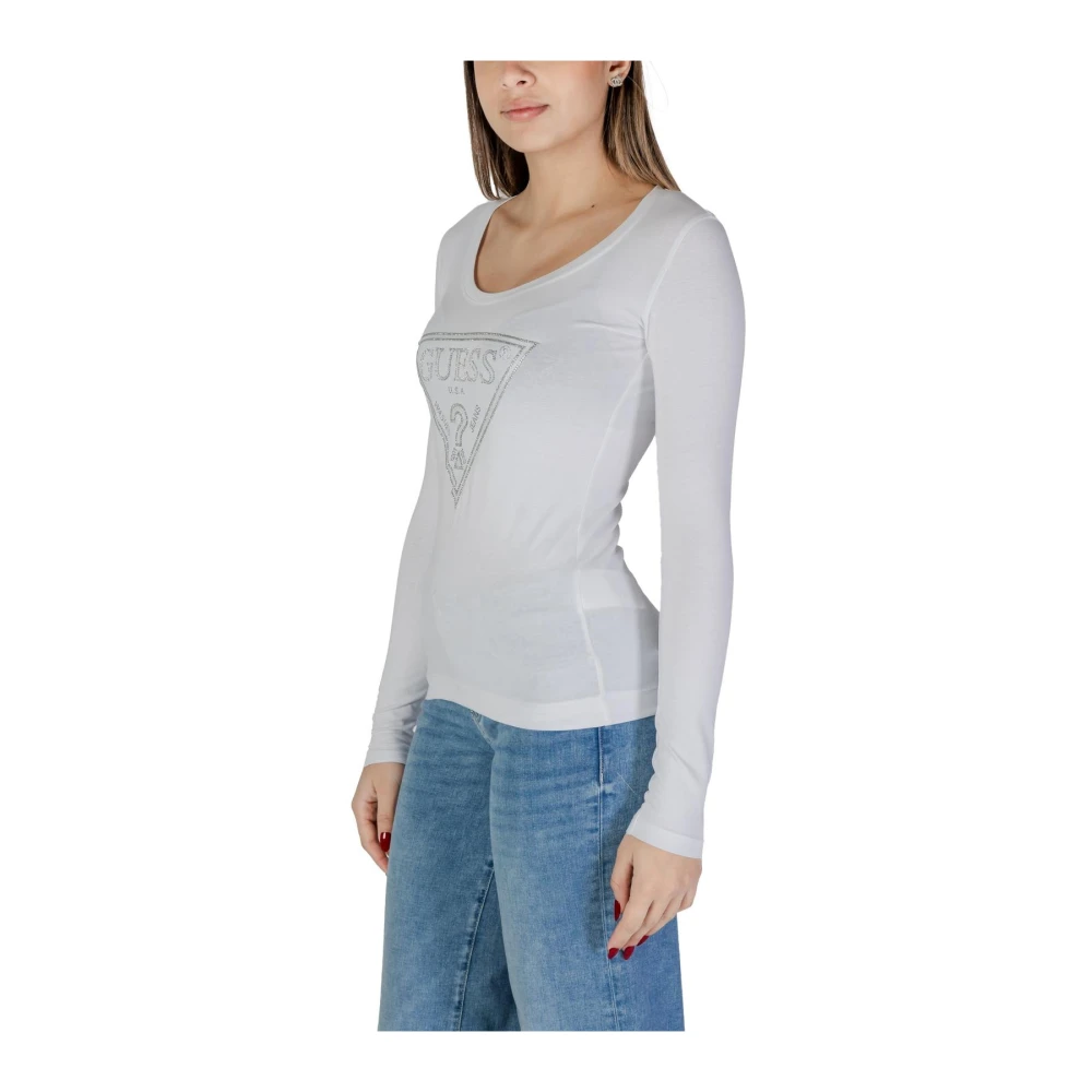 Guess Rhinestone Logo V-Neck Tee Lange Mouw White Dames
