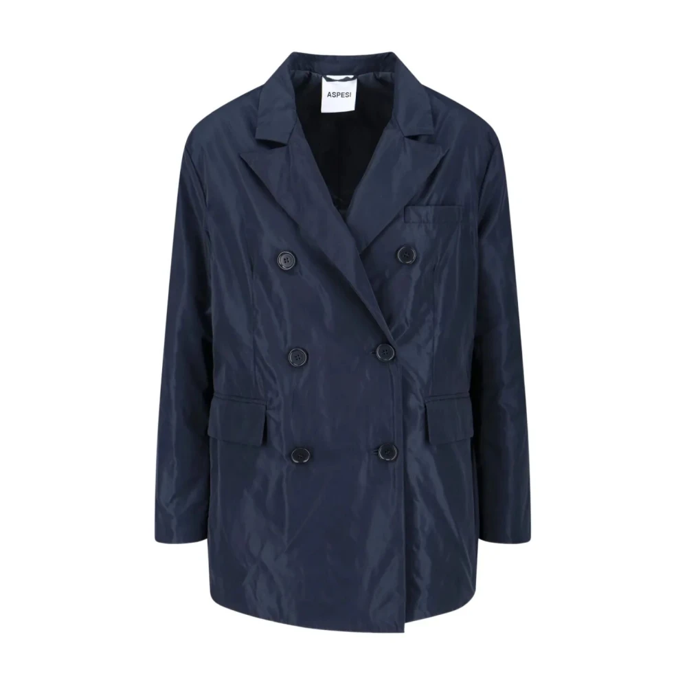 Aspesi Vrouw Blauw Jassen Dames, L, Nylon, Donkerblauwe Dubbelrijige Nylonjas