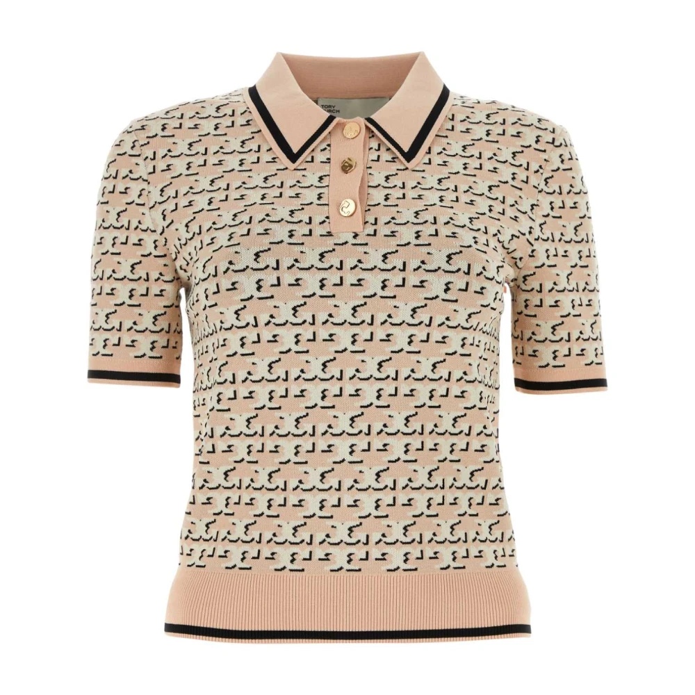 TORY BURCH Gedrukte Viscose Polo Shirt Beige Dames