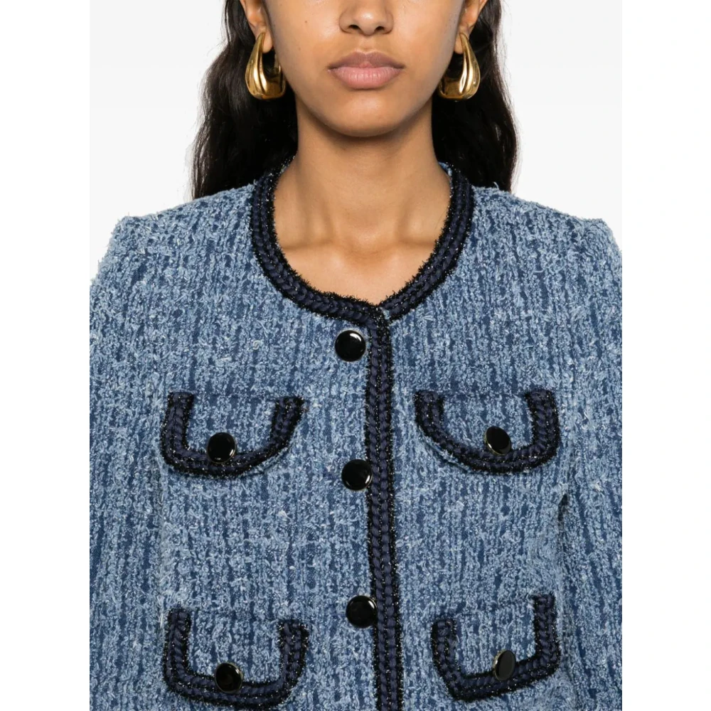 Self Portrait Navy Blauw Gescheurde Denim Korte Jas Blue Dames