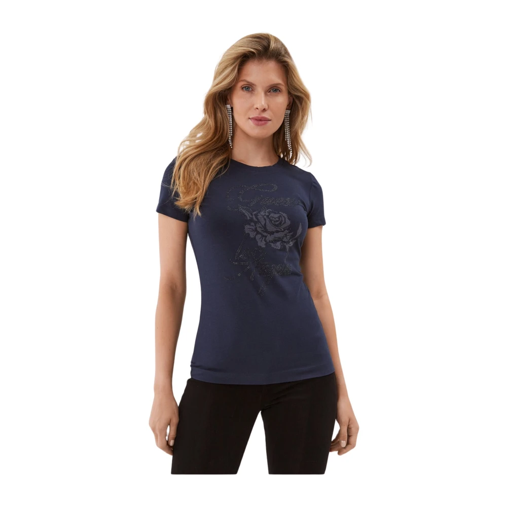 Guess Logo Versierd Stretch T-Shirt Blue Dames