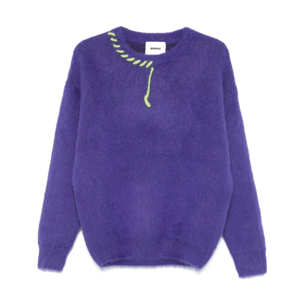 Bonsai Paarse Mohair Gebreide Crewneck Sweater Blue Heren