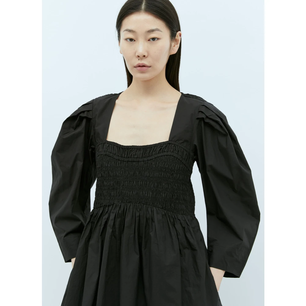 Ganni Open-Hals Midi Jurk met Ballonmouwen Black Dames