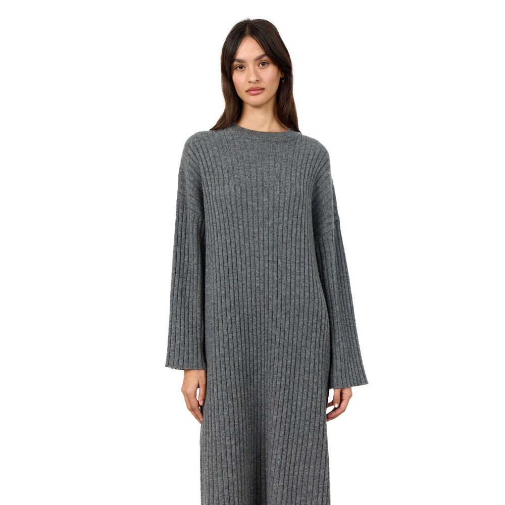 Levete Room Grijze Geribbelde Midi Jurk met Lange Mouwen Gray Dames