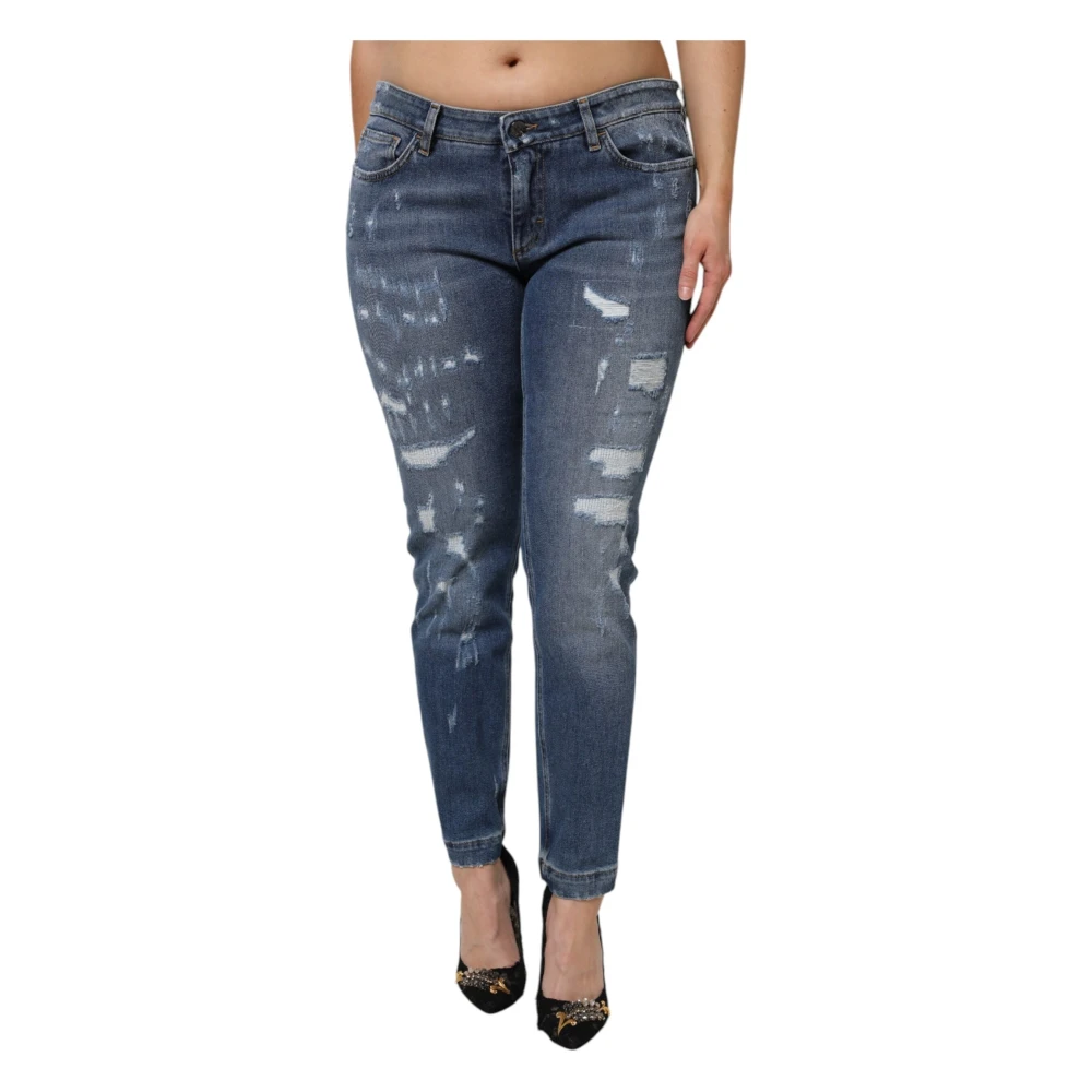 Dolce & Gabbana Women's Blue Slim Fit Jeans, Xl, Tattered Low Waist Denim Jeans
