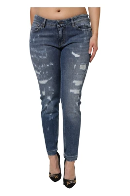 Blå Tattered Låg Midja Denim Jeans