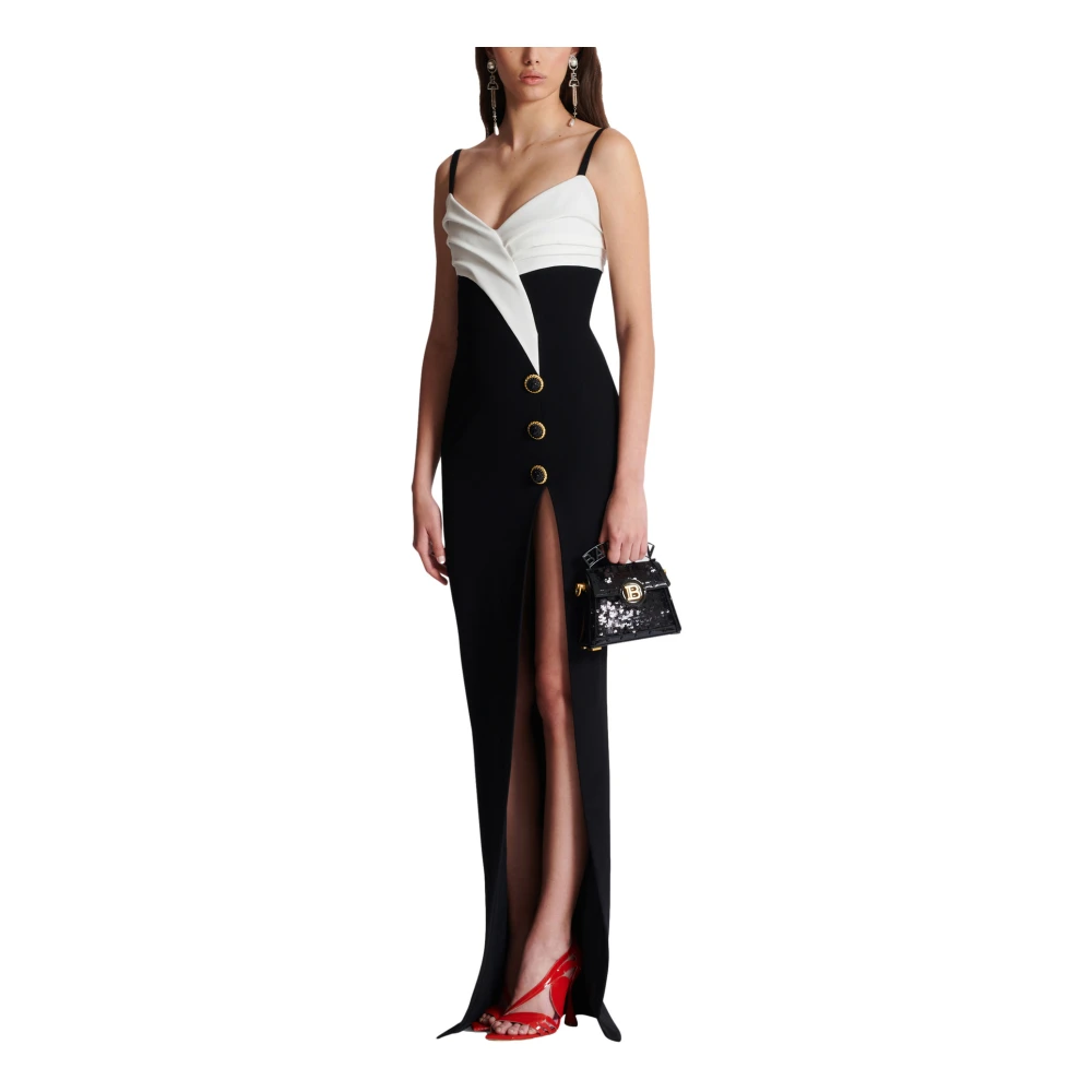 Balmain Tweekleurige Lange Crêpe Jurk met Beensplit Black Dames