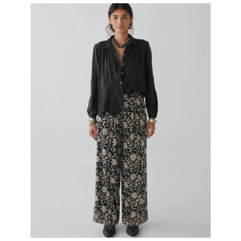 Maison Hotel Bloemen Geborduurd Overhemd Vintage Moderne Stijl Black Dames