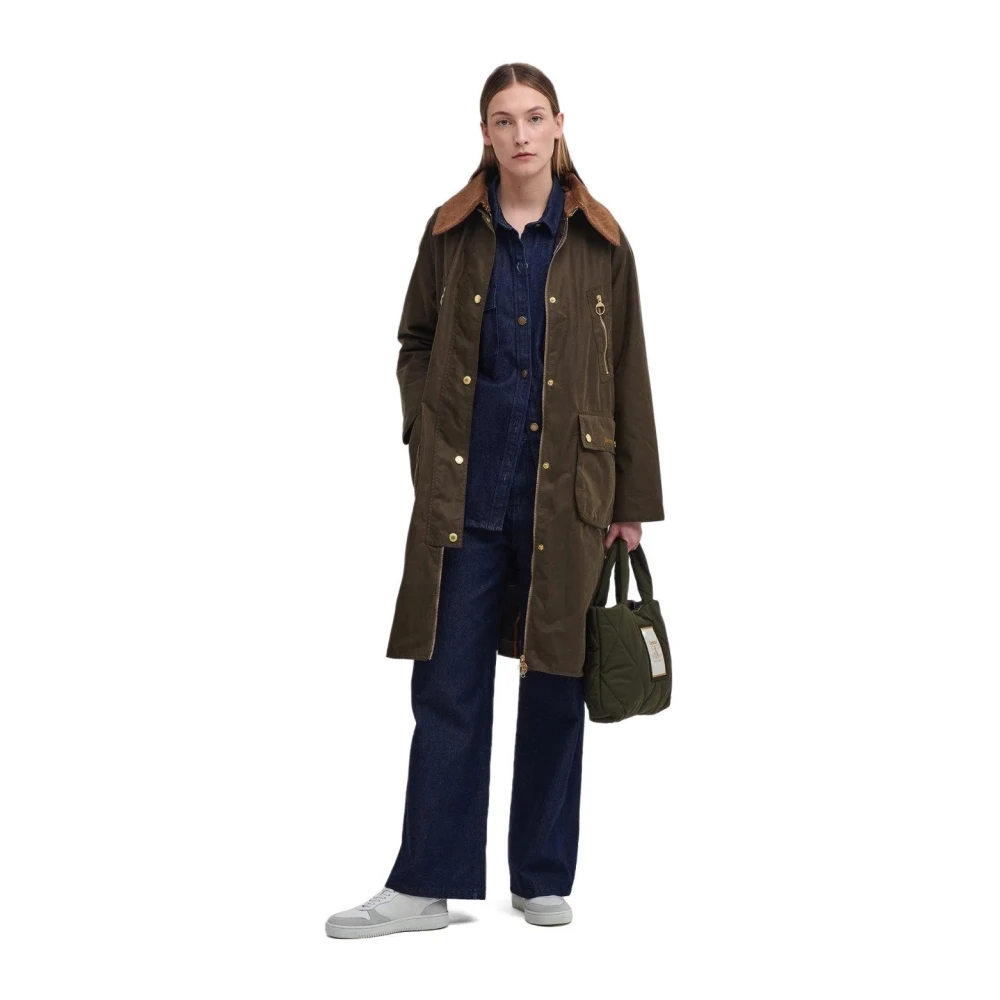 Barbour Groene gewaxte katoenen lange jas Green Dames