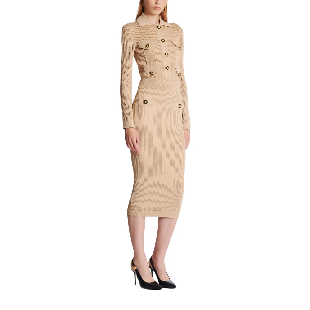 Balmain Midi-rok in een effen geribbeld breisel Beige Dames
