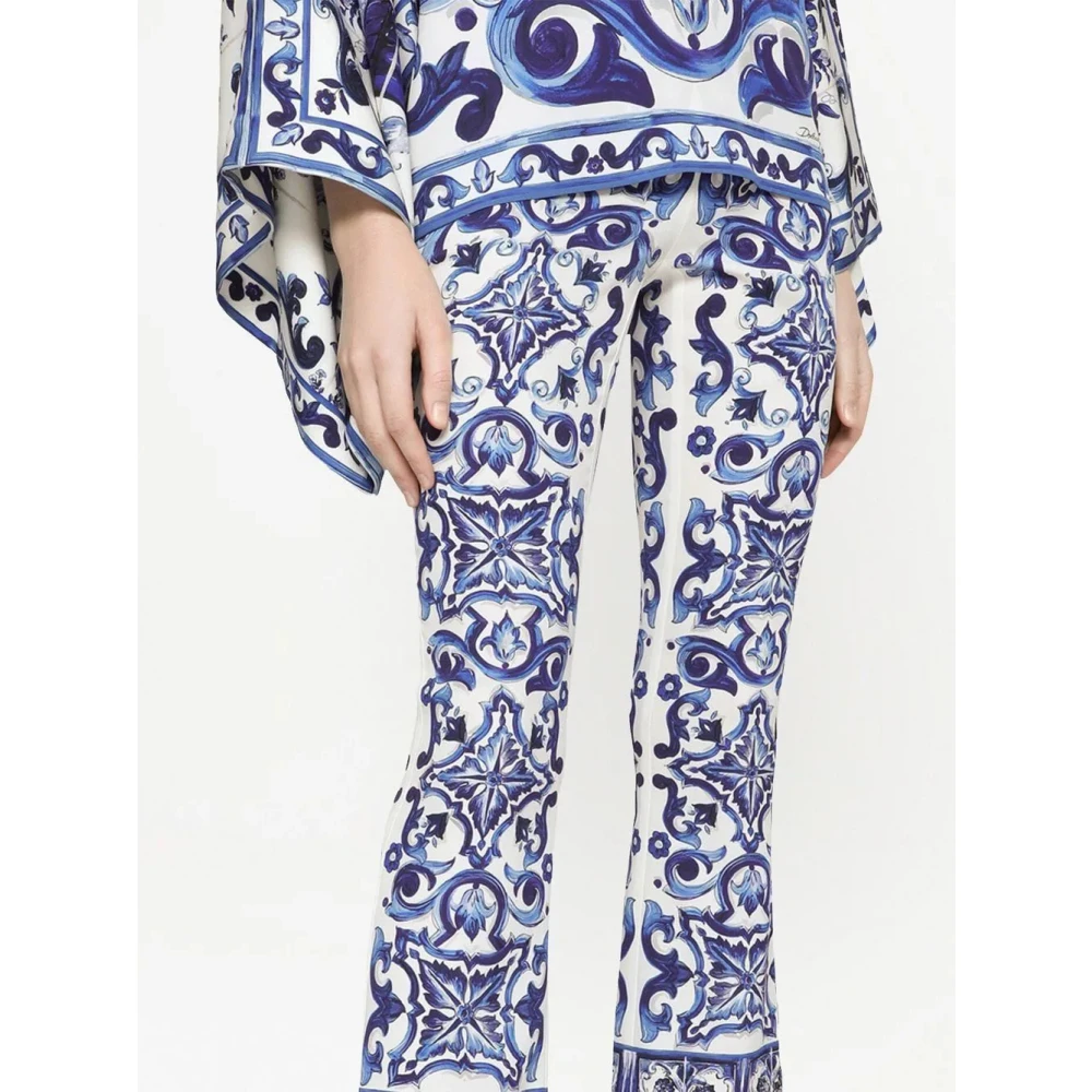 Dolce & Gabbana Majolica Print Flared Cropped Broek Blue Dames