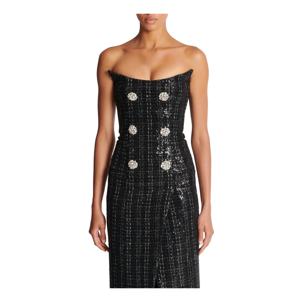 Balmain Strapless Lange Tweed Jurk met Glitter Black Dames