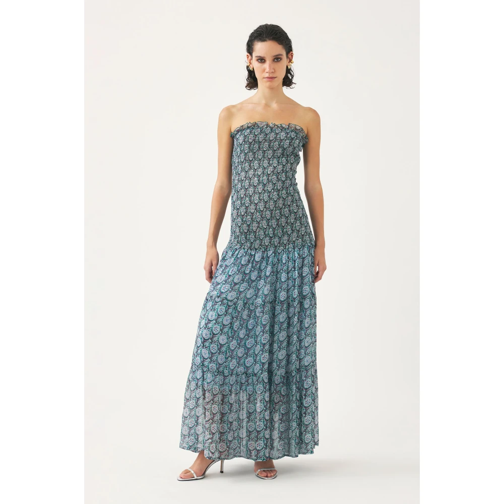 Antik batik Smocked chiffon strapless jurk Cassy Blue Dames