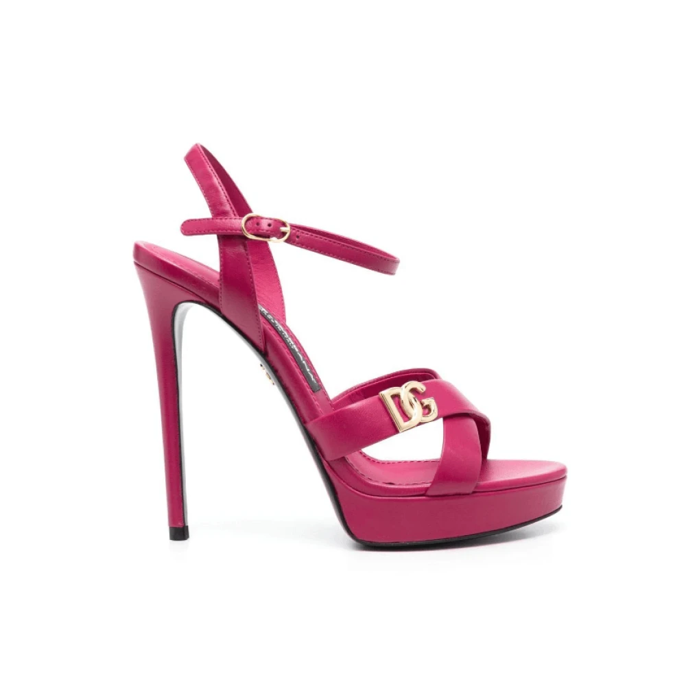 Dolce & Gabbana Roze Leren Hoge Hak Sandalen met Gouden Plaque Pink Dames