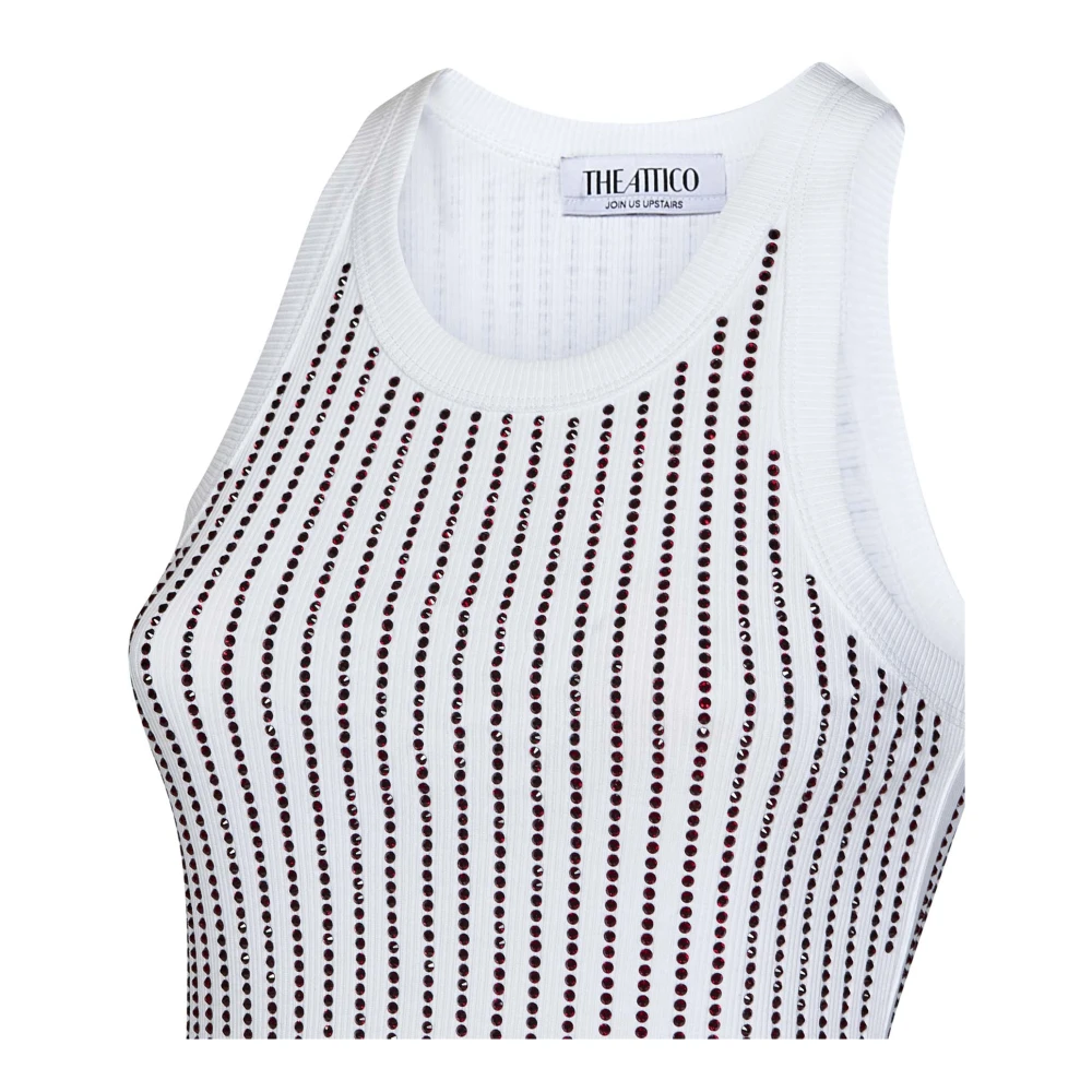 The Attico Witte Geribbelde Katoenen Jersey Top met Rode Hotfix Kristallen White Dames