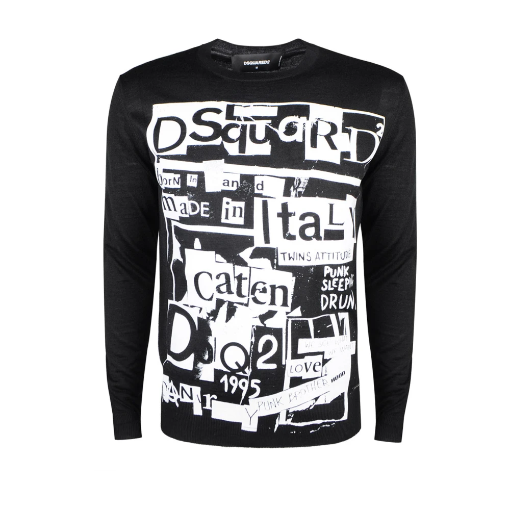 Dsquared2 Svart Stickad Sweatshirt med Tryckt Logotyp och Metall-Detaljer Black, Herr