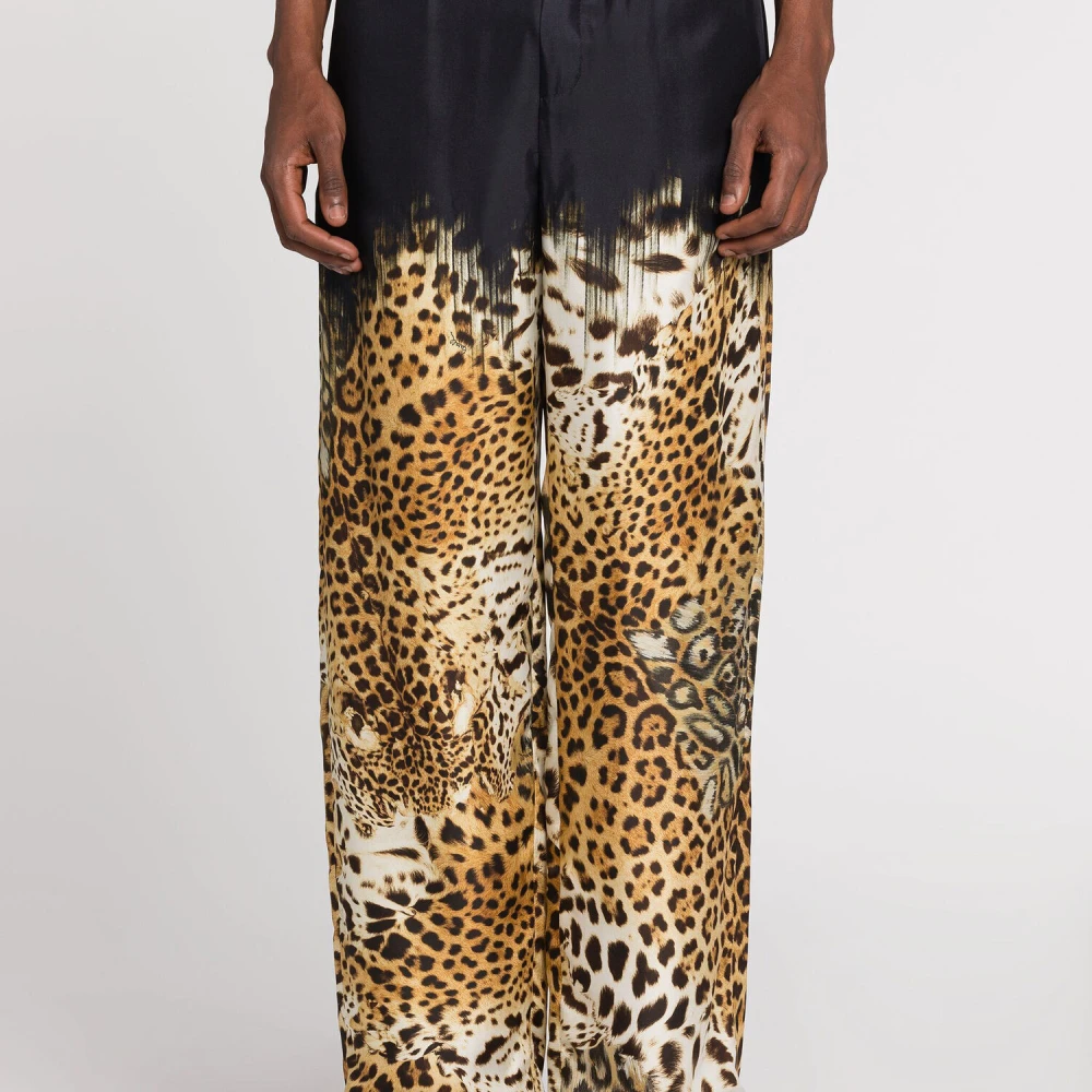 Roberto Cavalli Luipaardprint Zijden Broek met Tiger Tooth Hangers Multicolor Heren
