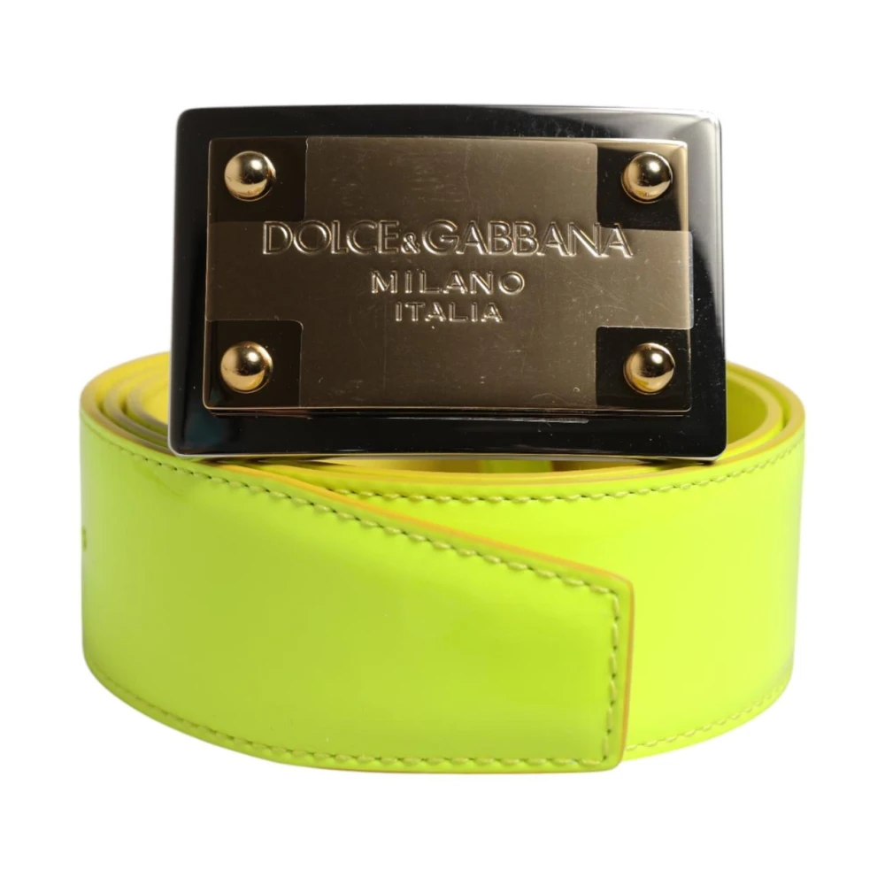 Dolce & Gabbana Men's Yellow Metal Logo Leather Belt - Belts - One Size - Accessories