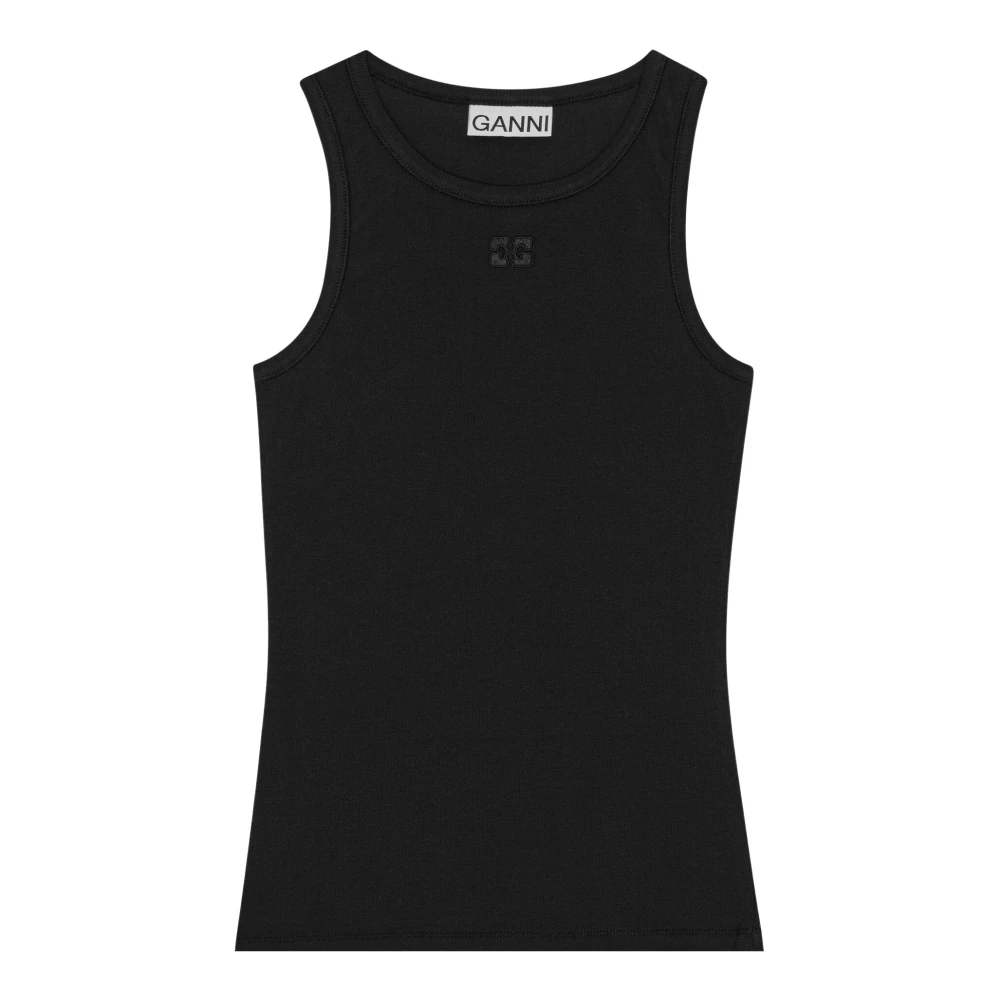 Ganni Women's Black Sleeveless Tops, Xs, Soft Cotton Rib Tank Top