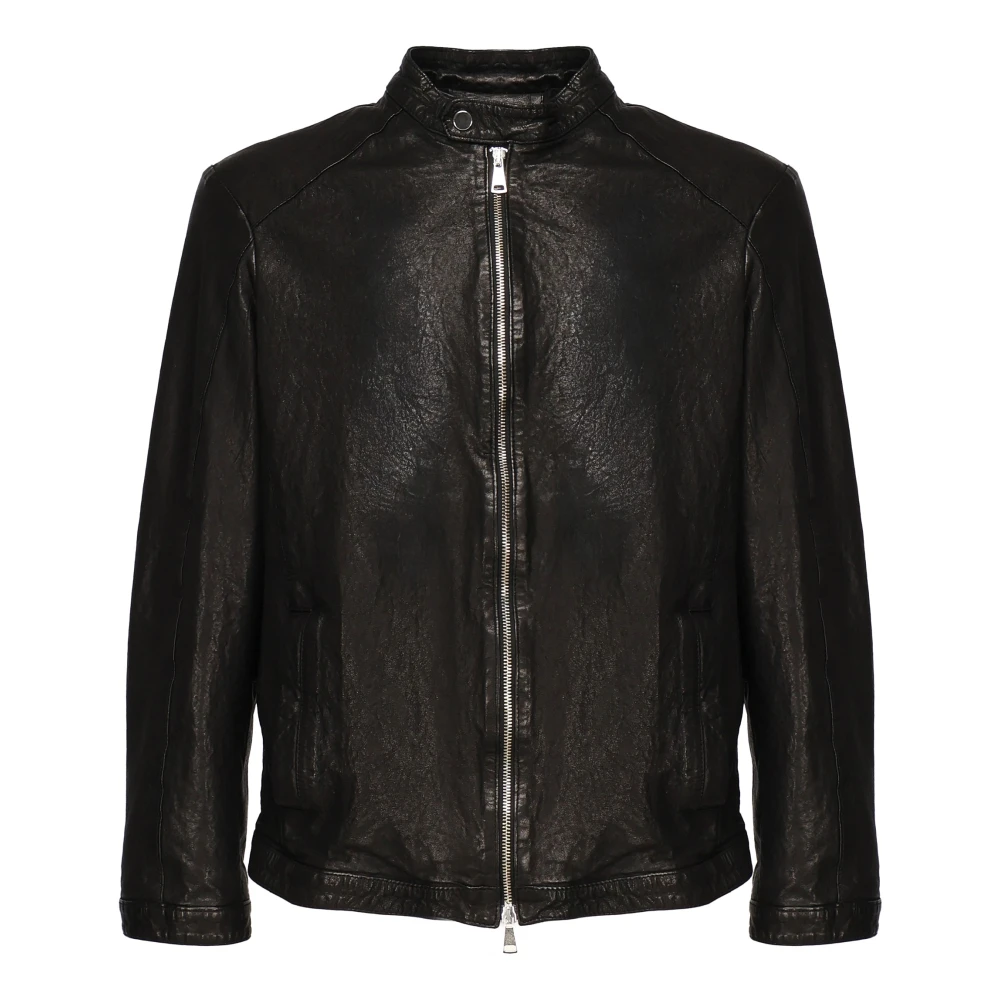 Giuliano Galiano Zwarte leren jas met ritssluiting Black Heren