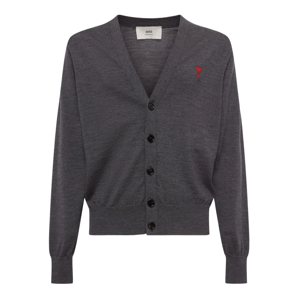 Ami Paris Grijze Merino Cardigan met Ami de Coeur Gray Heren