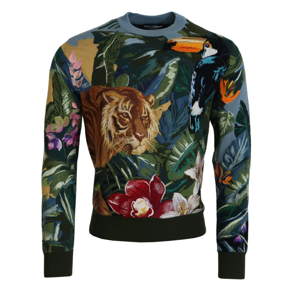 Dolce & Gabbana Men's Multicolor Jungle Embroidered Wool-Silk Jumper - Round-Neck Knitwear - Xs - Knitwear