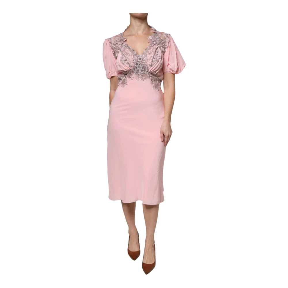 Ermanno Scervino Roze zijden midi-jurk met kant Pink Dames