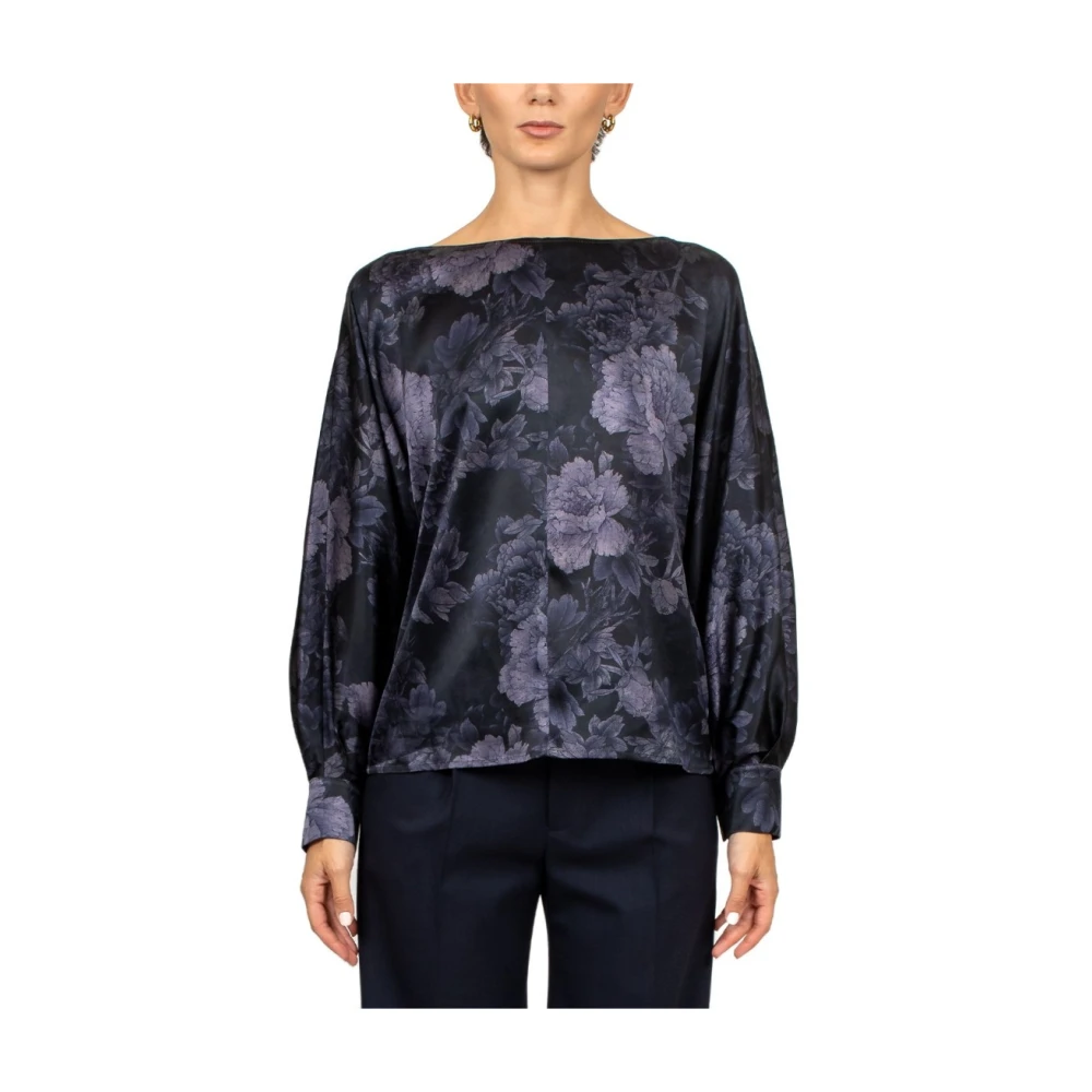 Momoni Blauwe Bedrukte Zijden Boothals Blouse Blue Dames