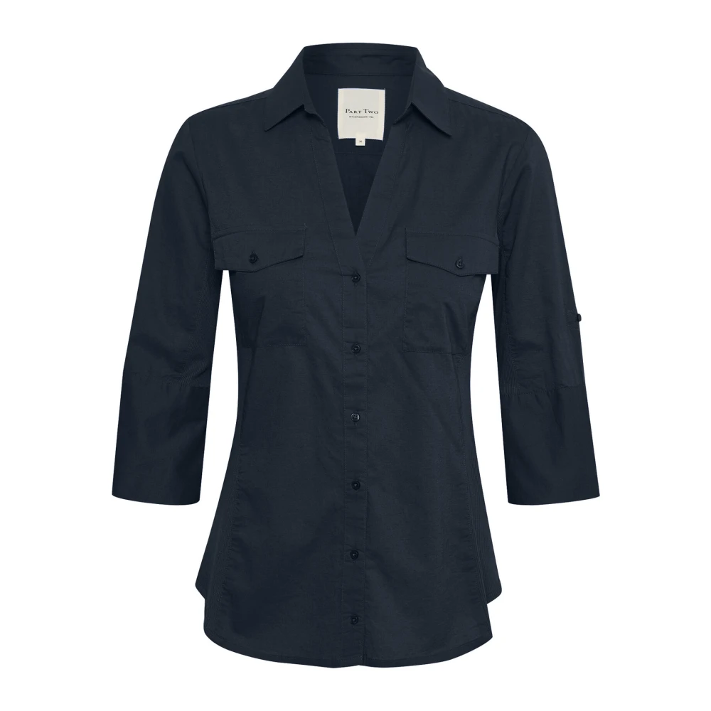 Part Two Donkerblauwe blouse met knoopsluiting en borstzakken Blue Dames