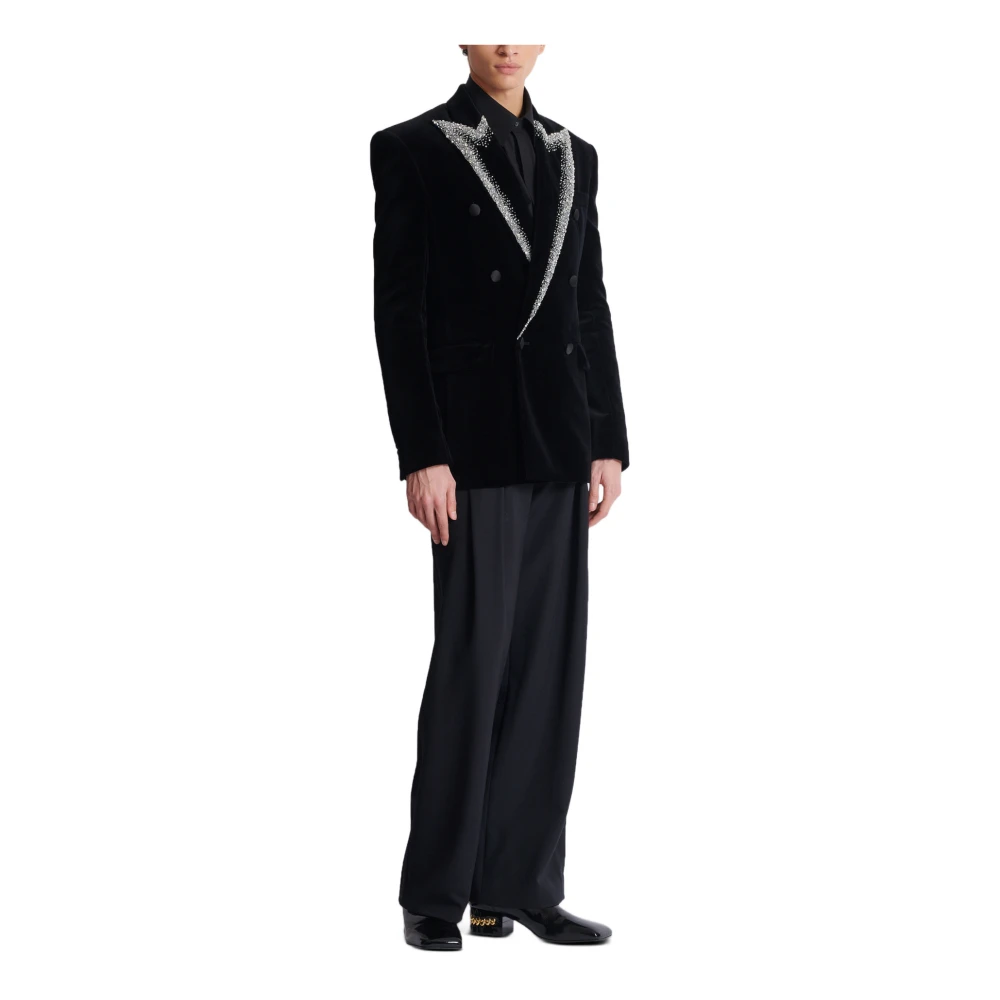 Balmain Fluwelen jas met geborduurde kraag Black Heren