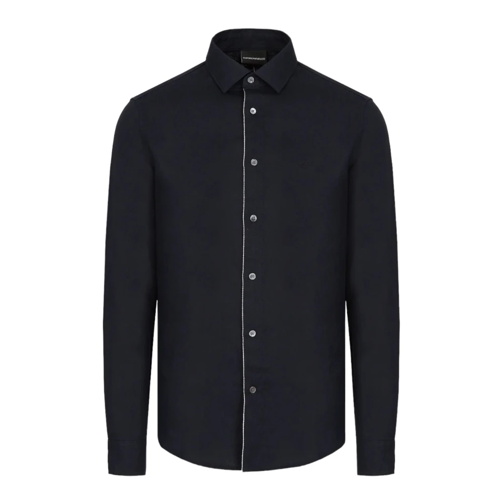 Emporio Armani Regular Fit Blå Linneskjorta med Örnlogotyp Black, Herr